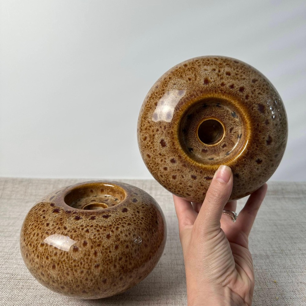 Ceramic Dual Size Candle Holders Pair Brown Speckled Glaze